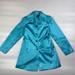 MSK Coat Womens Small Turquoise Satin Lined Long Sleeve Notch Lapel Button Front